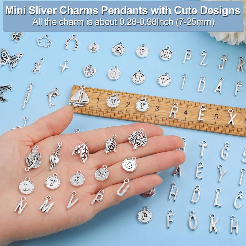 Modacraft 254 Pcs Silver Charms for Jewelry Making with Alphabet Letters, Wholesale Bulk Tibetan Silver Charm Pendants for Bracelet Necklace DIY Crafting - Image 3